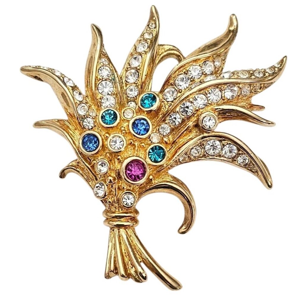 Swarovski Gold Tone Clear Multicolor Crystal Wheat Sheath Brooch Swan Logo,, J14